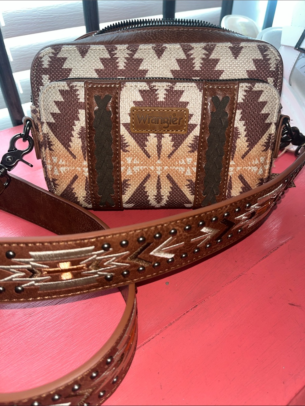 Wrangler Tan and Brown Aztec Crossbody Bag with Studded Strap